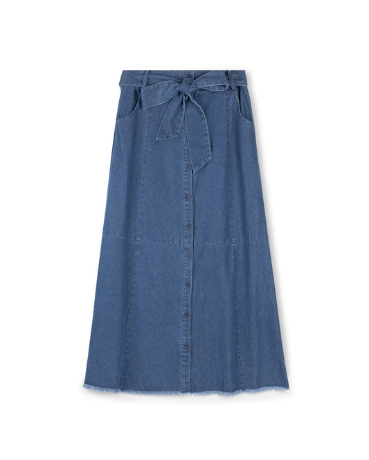 MODELLE DENIM SKIRT W RAW EDGE & BELT-MIDI DENIM