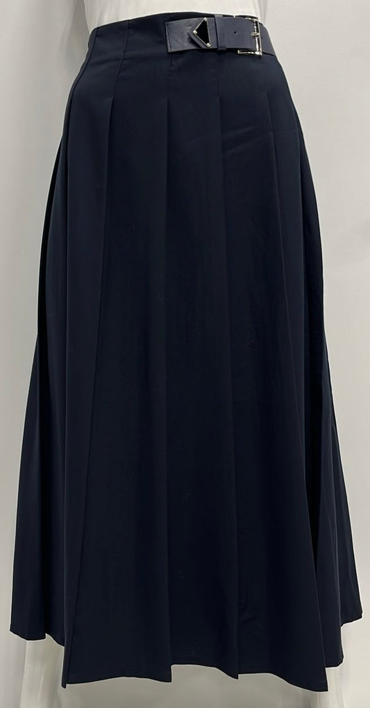 PEODE DESIGN PLEATED SKIRT W SIDE BUCKLE-MIDI NAVY