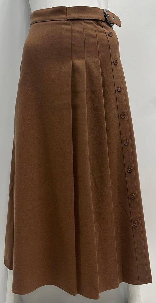VIVA K WOOLY SKIRT W SIDE PLEATS & BUCKLE-MIDI COGNAC