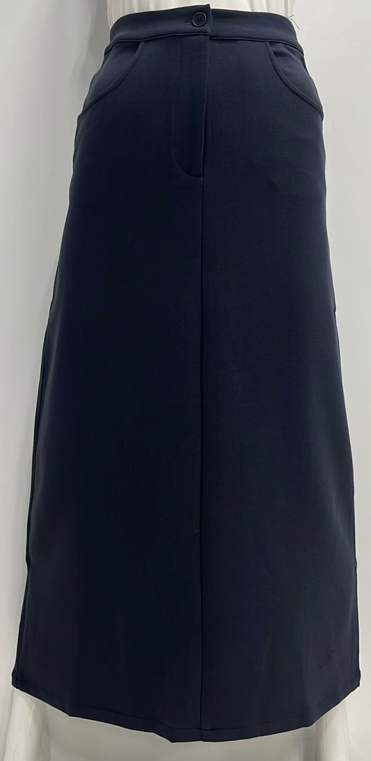 STORY STRAIGHT A-LINE WOOLY SKIRT W POCKETS-MIDI NAVY