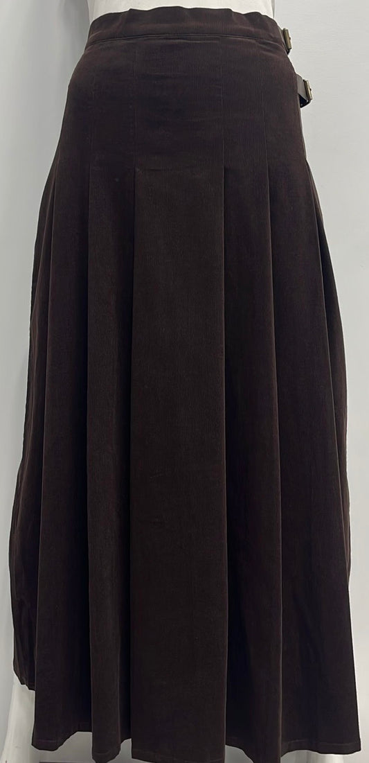 HONEYSEED SIDE BUCKLE CORDUROY PLEATED SKIRT-MIDI BROWN