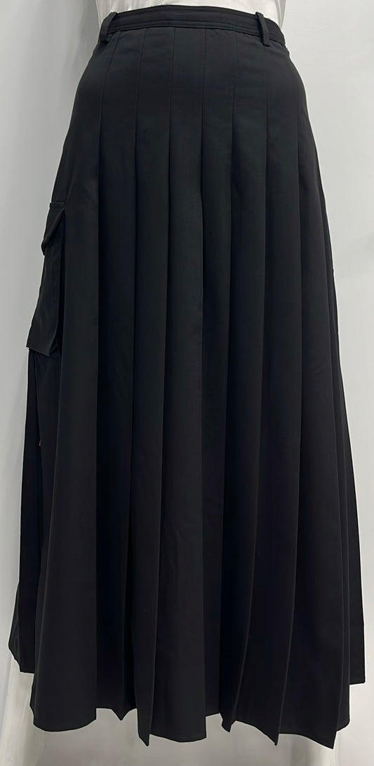 BEIGE PLEATED SKIRT W BELT & ONE SIDE POCKET-MIDI BLACK