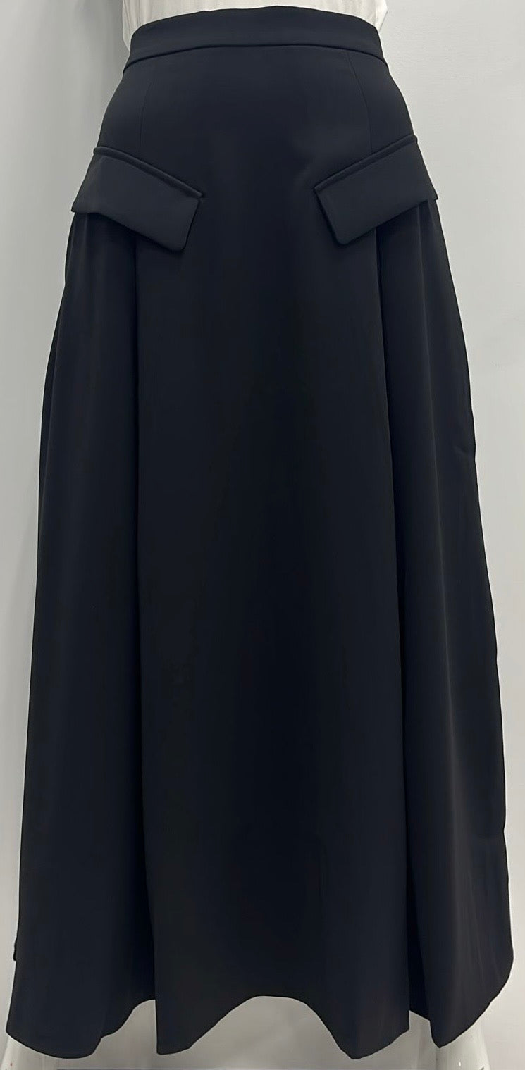 SHIFT A-LINE SKIRT W INSERTS & FRONT FLAPS-MIDI BLACK