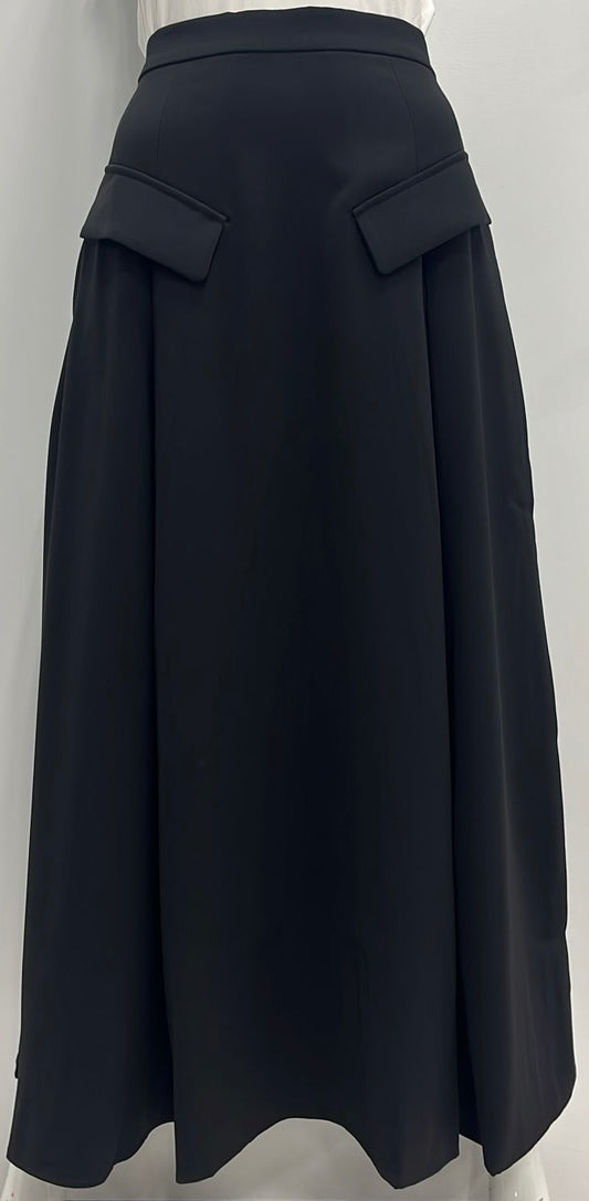 SHIFT A-LINE SKIRT W INSERTS & FRONT FLAPS-MIDI BLACK