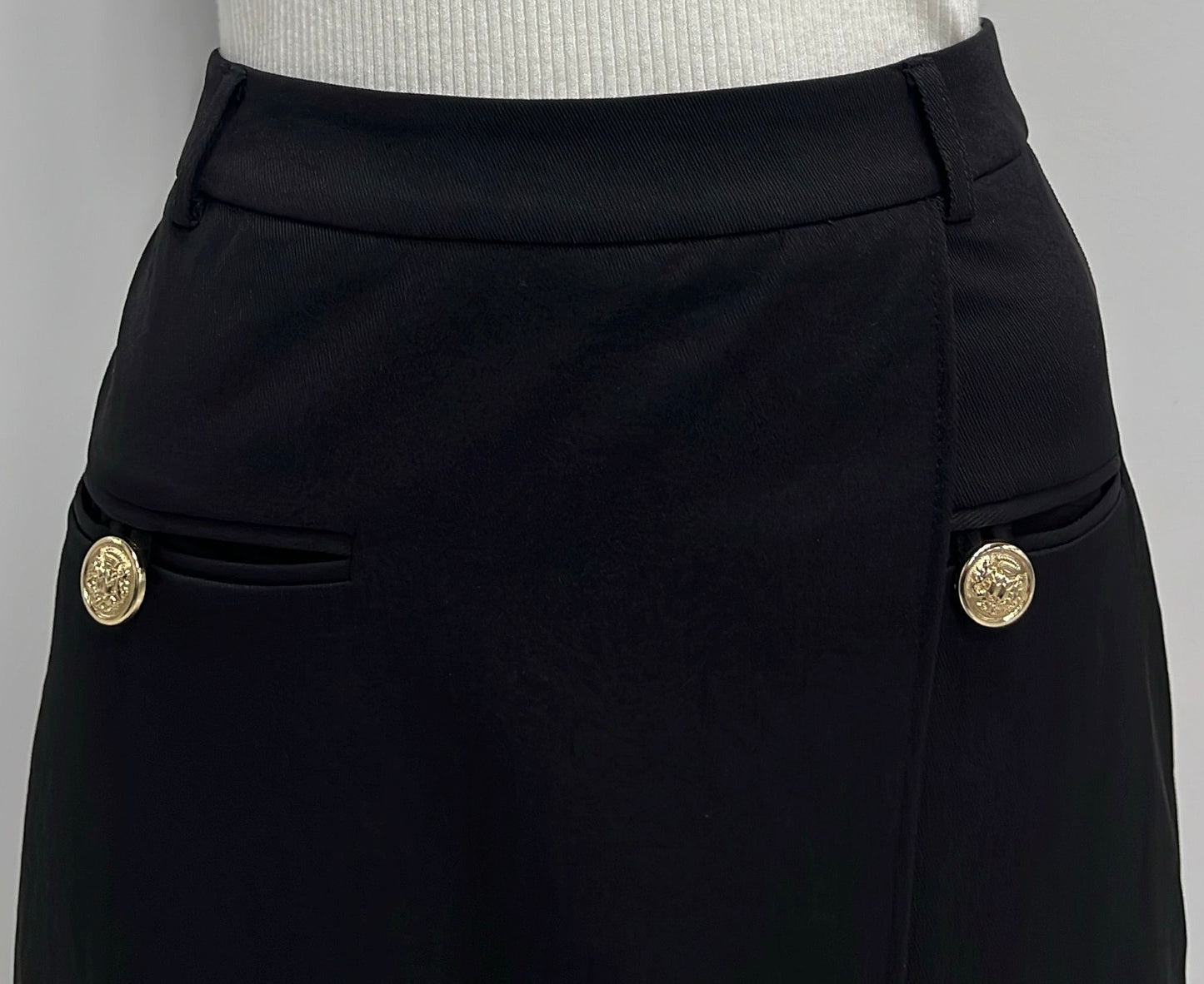 WEAR AND FLAIR WRAP SKIRT W FRONT POCKETS W GOLD BUTTONS-MIDI BLACK