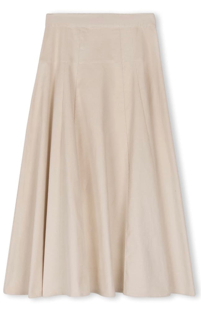 BEIGE CORDUROY PANELED YOKE SKIRT-MIDI CREAM