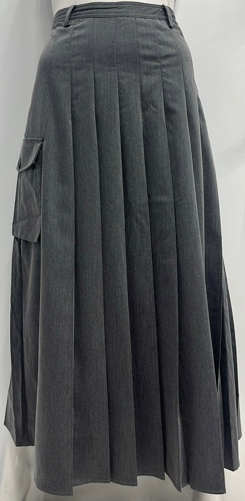 BEIGE PLEATED SKIRT W BELT & ONE SIDE POCKET-MIDI GREY