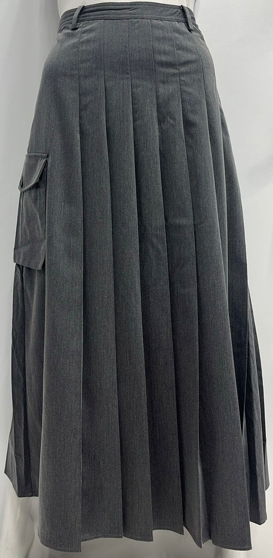 BEIGE PLEATED SKIRT W BELT & ONE SIDE POCKET-MIDI GREY