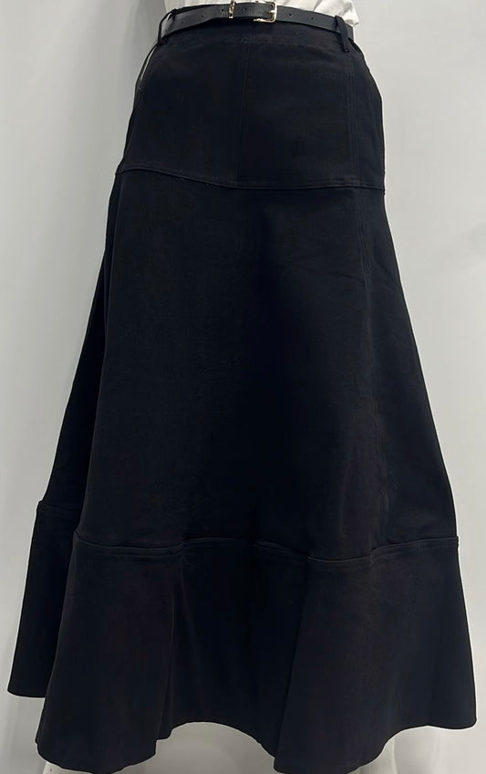 BEIGE FLAIRY SKIRT W DETAILED SEAMS&BELT-MIDI BLACK