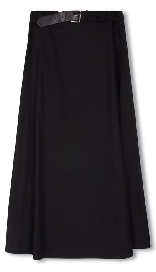 BEIGE A-LINE SKIRT W BUCKLE-MIDI BLACK
