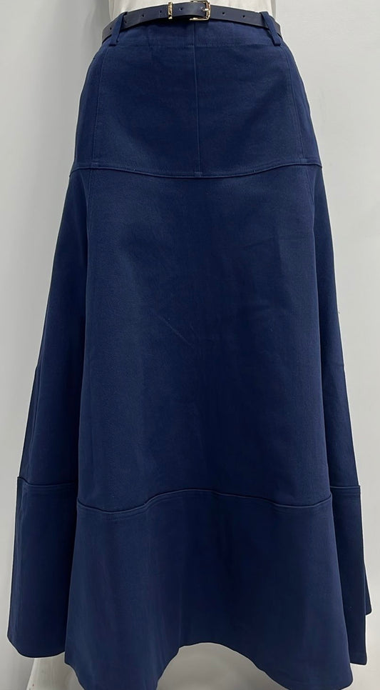 BEIGE FLAIRY SKIRT W DETAILED SEAMS&BELT-MIDI NAVY
