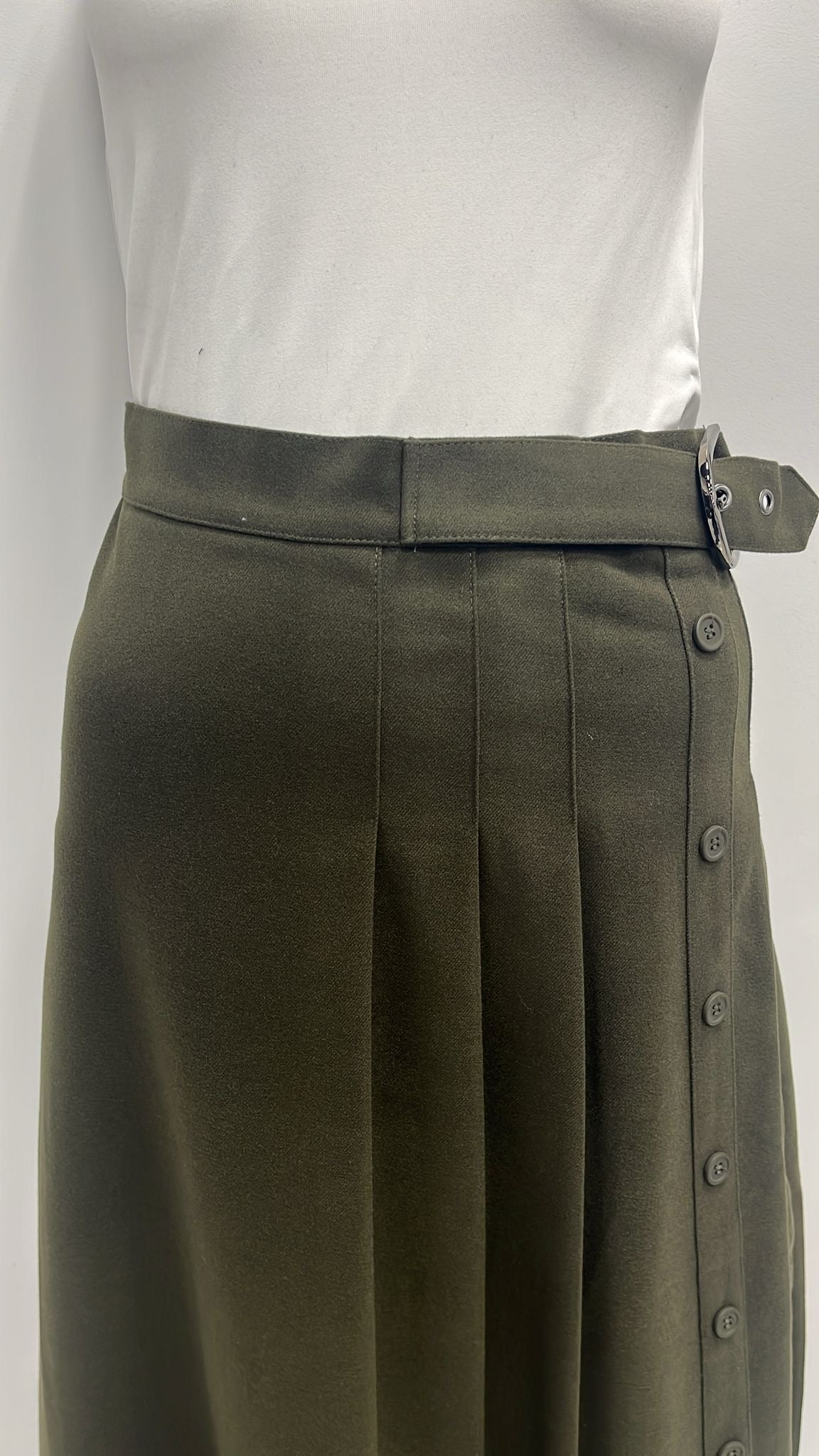 VIVA K WOOLY SKIRT W SIDE PLEATS & BUCKLE-MIDI DARK OLIVE