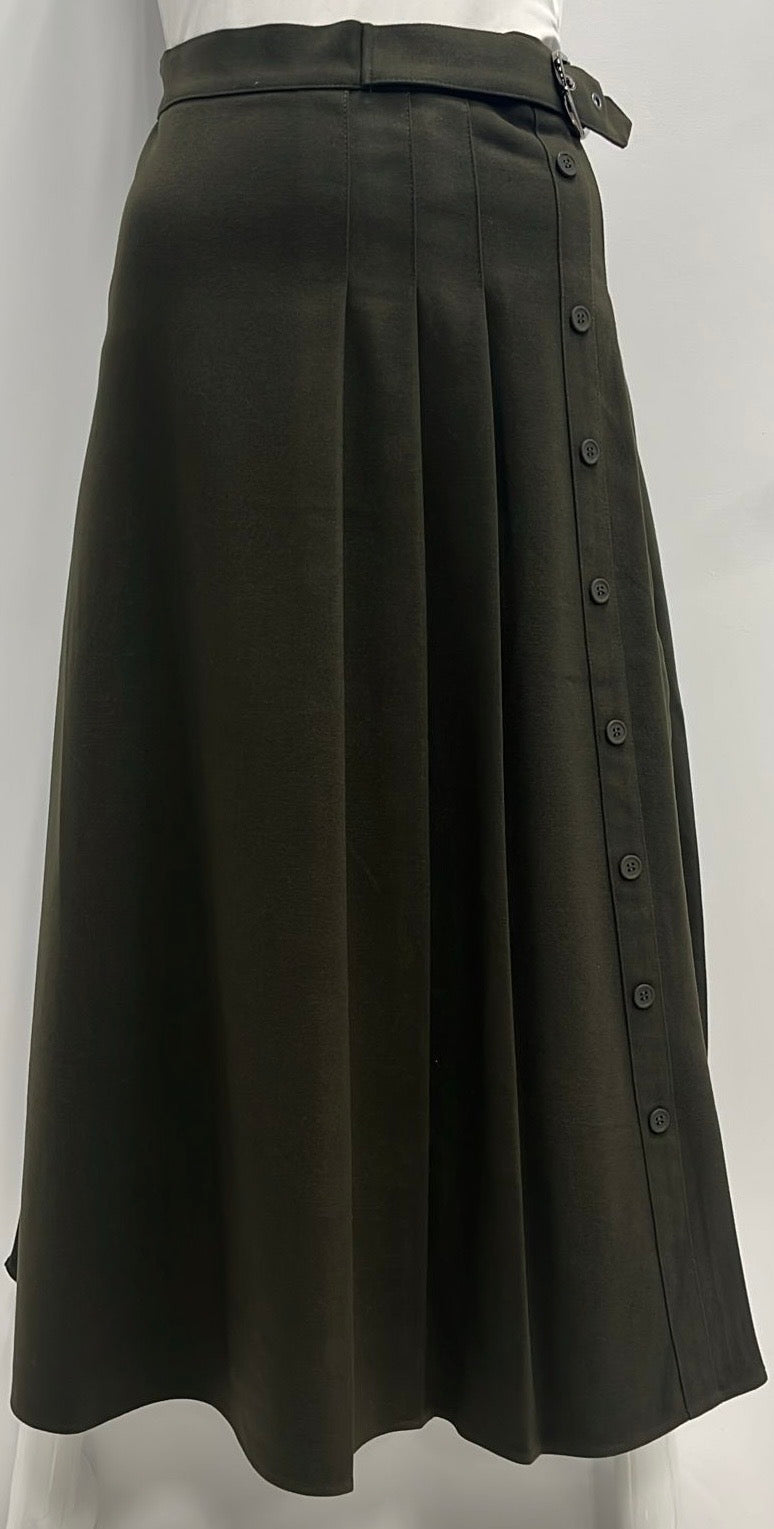VIVA K WOOLY SKIRT W SIDE PLEATS & BUCKLE-MIDI DARK OLIVE