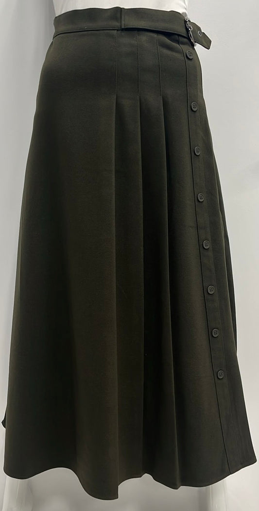 VIVA K WOOLY SKIRT W SIDE PLEATS & BUCKLE-MIDI DARK OLIVE