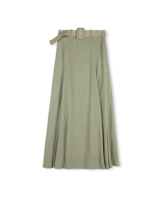 SHIFT LINEN SKIRT W INSERTS & BELT-MAXI GREEN