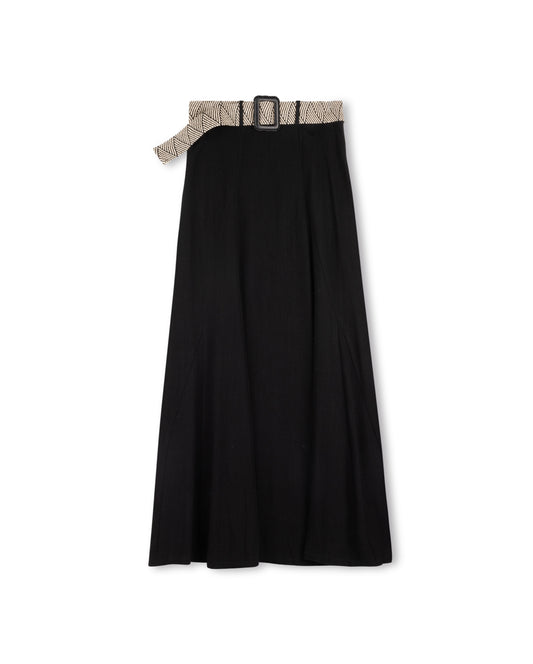 SHIFT LINEN SKIRT W INSERTS & BELT-MAXI BLACK