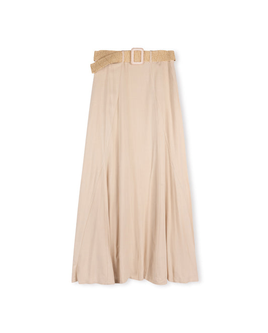 SHIFT LINEN SKIRT W INSERTS & BELT-MAXI TAN