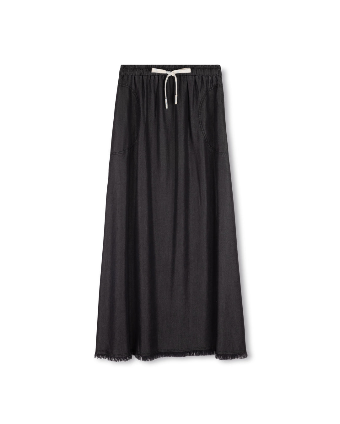 TWEED FRAYED HEM DENIM SKIRT-MAXI BLACK DENIM