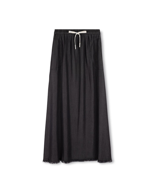 TWEED FRAYED HEM DENIM SKIRT-MAXI BLACK DENIM