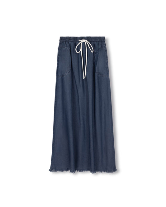 TWEED FRAYED HEM DENIM SKIRT-MAXI DENIM