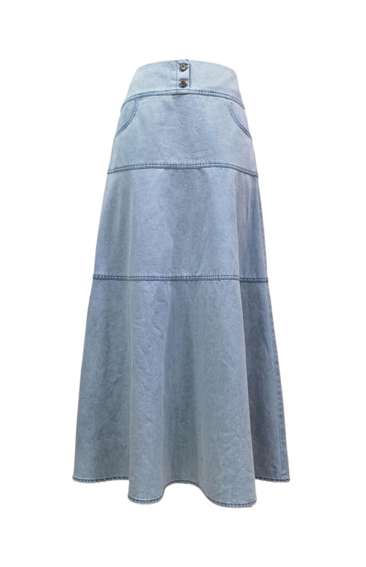 SLATE TEIRED DENIM SKIRT-MIDI LIGHT BLUE DENIM