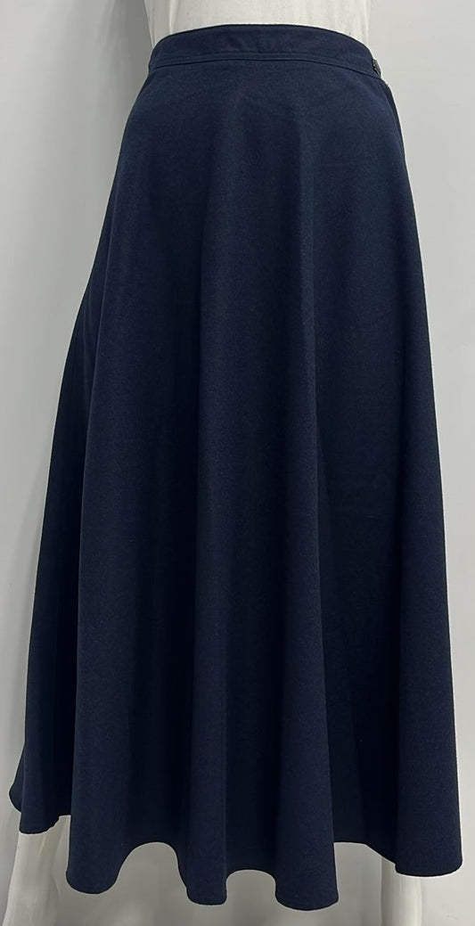 MAXMRKT FLAIRY WOOL SKIRT W SIDE BUTTON & ZIPPER-MIDI NAVY