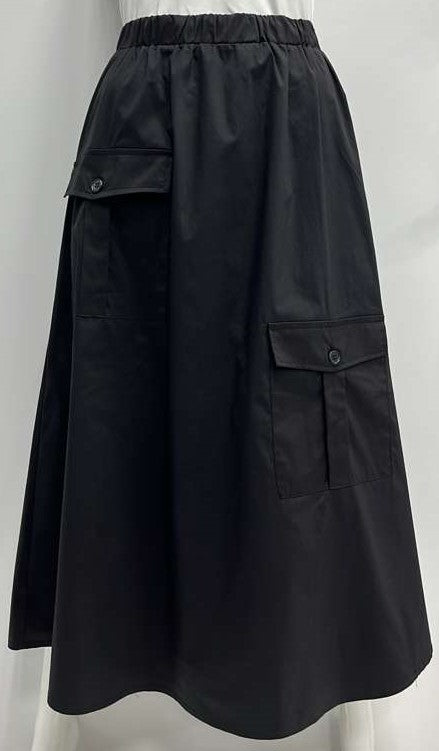MYSTERY COTTON SKIRT W 2 FRONT POCKETS-MIDI BLACK