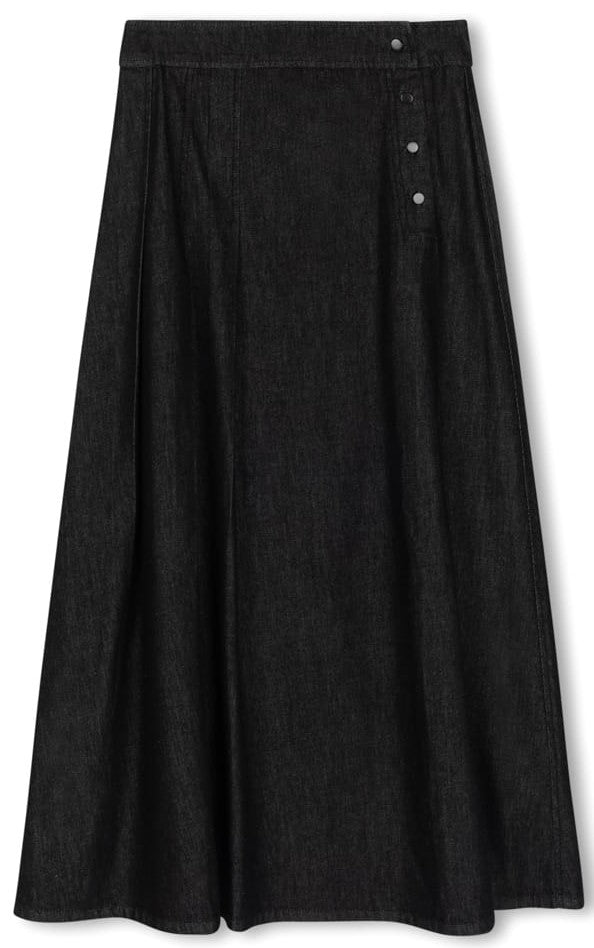 SLATE STITCHED DETAIL SKIRT W SIDE BUTTONS-MIDI BLACK DENIM