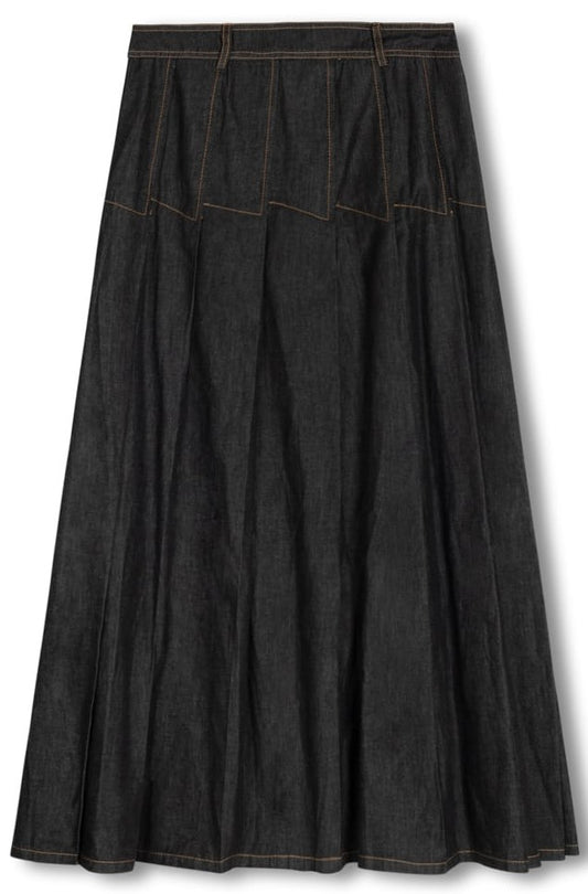 SLATE PLEATED SKIRT W SEAMS DETAIL-MIDI BLACK DENIM