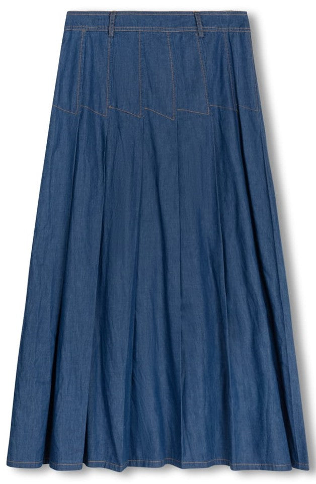 SLATE PLEATED SKIRT W SEAMS DETAIL-MIDI BLUE DENIM