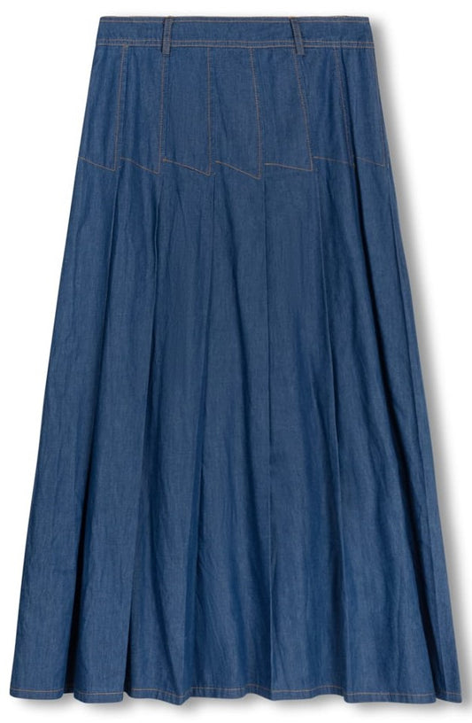SLATE PLEATED SKIRT W SEAMS DETAIL-MIDI BLUE DENIM