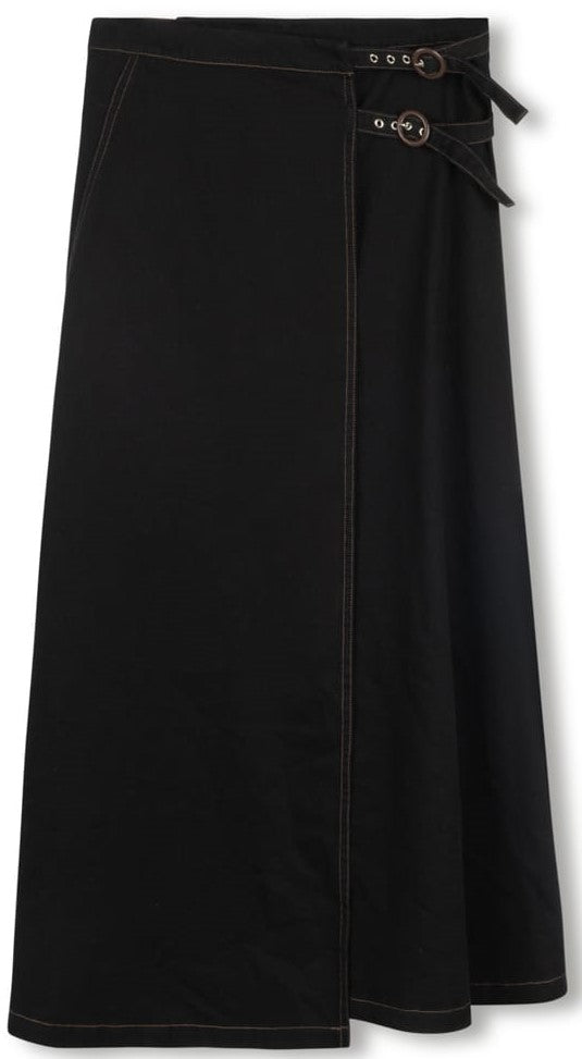 BEIGE DOUBLE BUCKLE WRAP SKIRT-MIDI BLACK