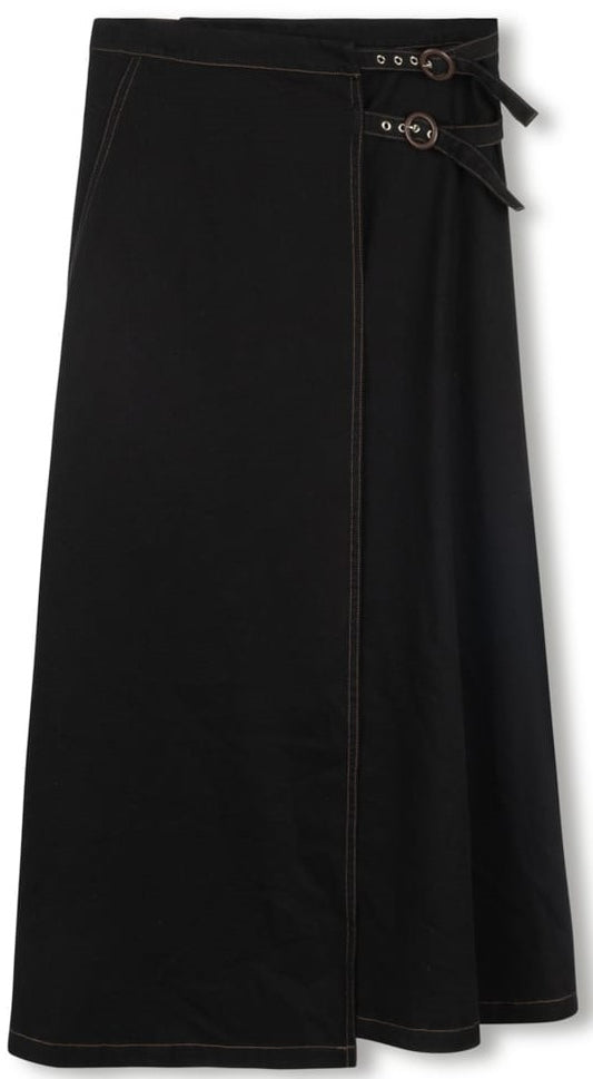 BEIGE DOUBLE BUCKLE WRAP SKIRT-MIDI BLACK