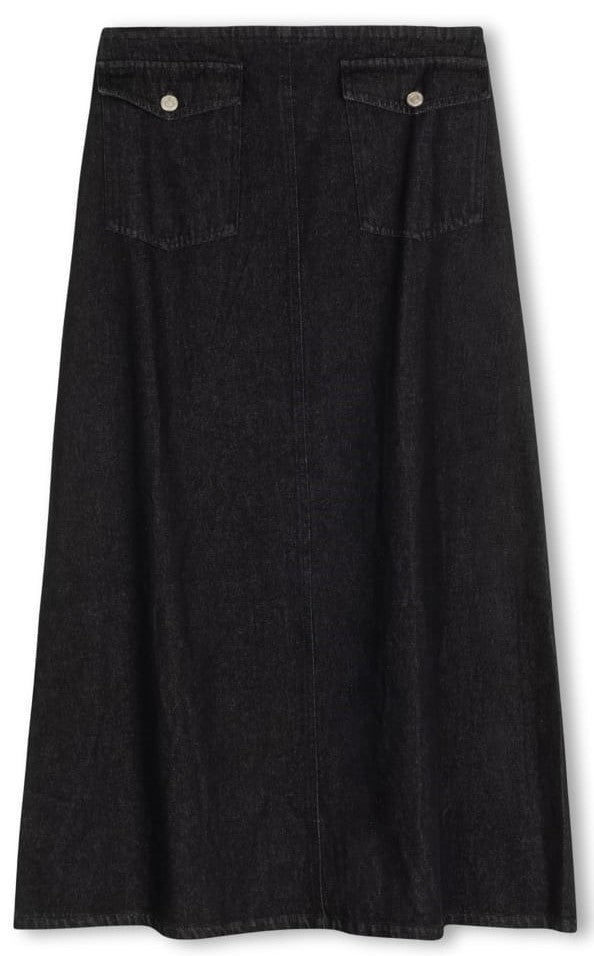 STORY STRAIGHT A-LINE W FRONT POCKETS-MIDI BLACK DENIM