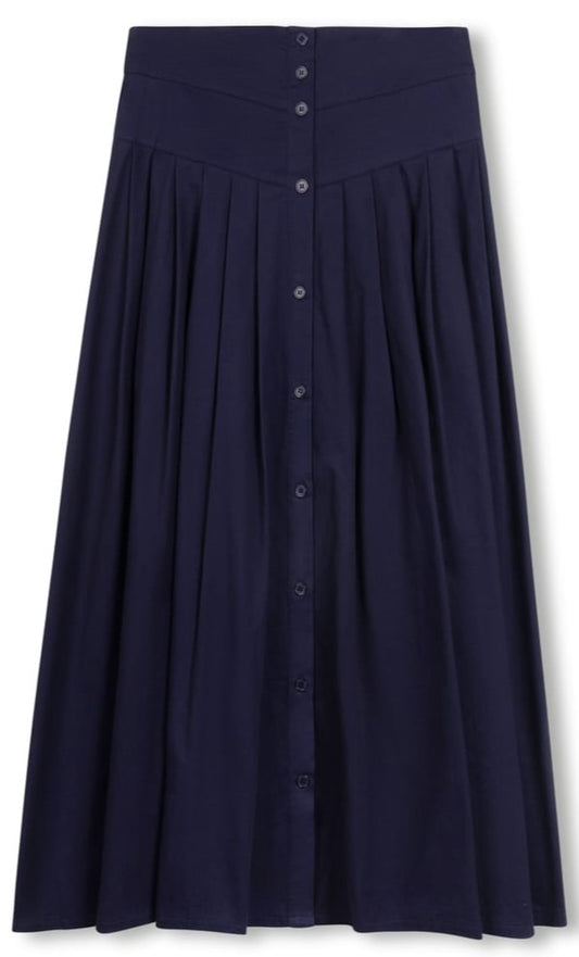 MODELLE FRONT PLEATED BUTTON DOWN SKIRT-MIDI NAVY
