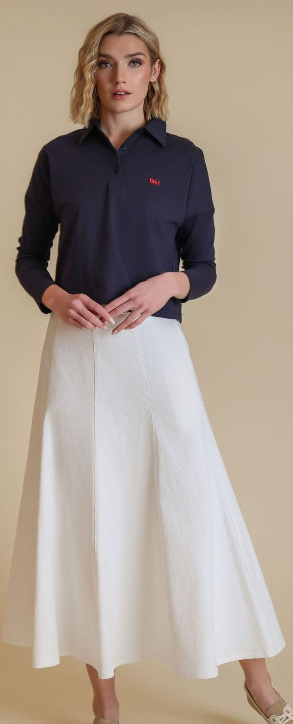 SLATE PANELED FLAIRY SKIRT W BELT-MIDI WHITE