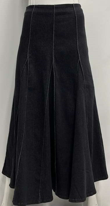 SHIFT FLAIRY SKIRT W STITCHED INSERTS-MIDI BLACK DENIM
