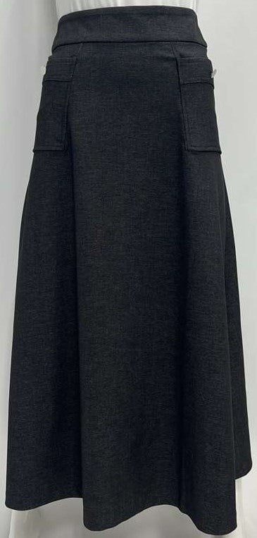 MYSTERY A-LINE SKIRT W FRONT POCKETS & BUTTON-MIDI BLACK DENIM