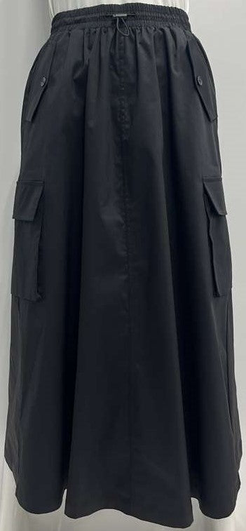 MYSTERY DRAWSTRING COTTON SKIRT W POCKETS-MIDI BLACK