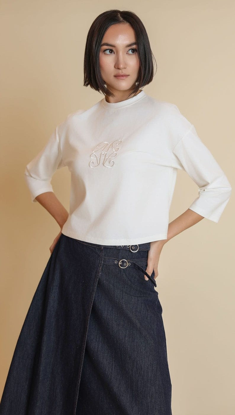 BEIGE DOUBLE BUCKLE WRAP SKIRT-MIDI DENIM