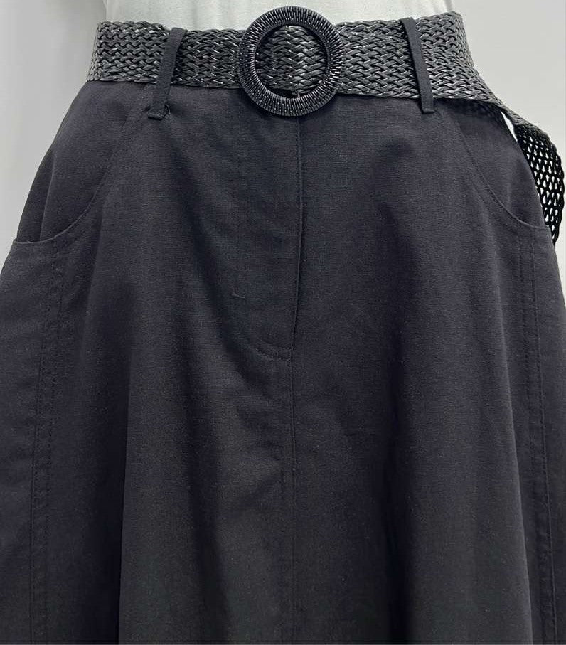 MODELLE LINEN SKIRT W BELT-MIDI BLACK