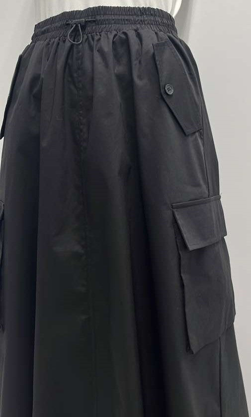 MYSTERY DRAWSTRING COTTON SKIRT W POCKETS-MIDI BLACK