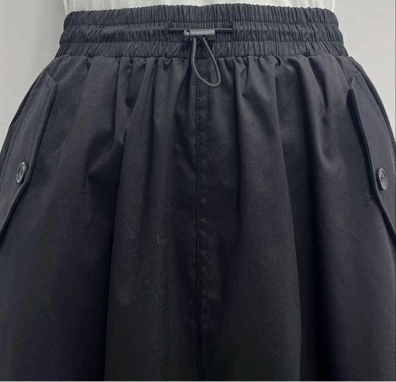 MYSTERY DRAWSTRING COTTON SKIRT W POCKETS-MIDI BLACK