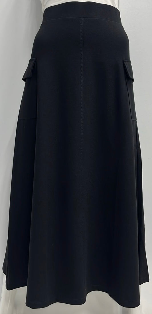 MYSTERY PONTE SKIRT W CENTER SEAM & SIDE POCKET-MIDI BLACK