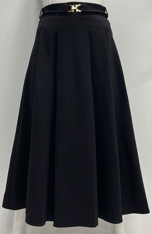 MISS ISSIPPI PLEATED SKIRT W BELT WITH BUCKLE-MIDI BLACK