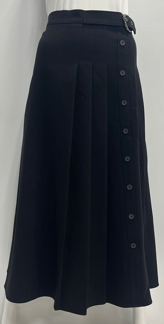 VIVA K WOOLY SKIRT W SIDE PLEATS & BUCKLE-MIDI BLACK