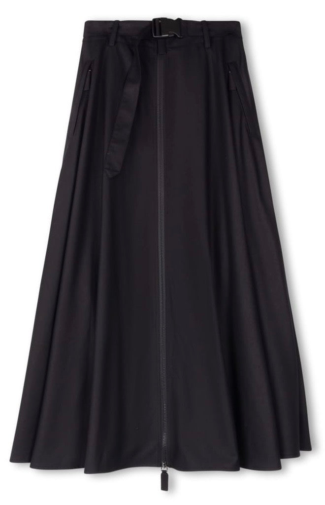 SLATE A-LINE WOOLY SKIRT W FRONT BUCKLE & ZIPPER-MIDI BLACK