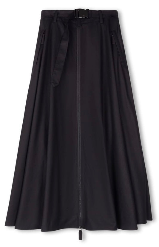 SLATE A-LINE WOOLY SKIRT W FRONT BUCKLE & ZIPPER-MIDI BLACK