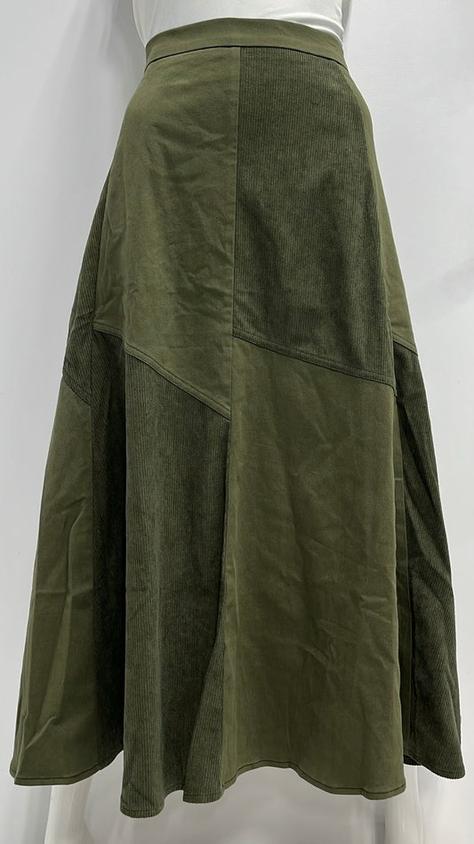 STATIC GEOMETRIC CORDUROY COMBO SKIRT-MIDI OLIVE