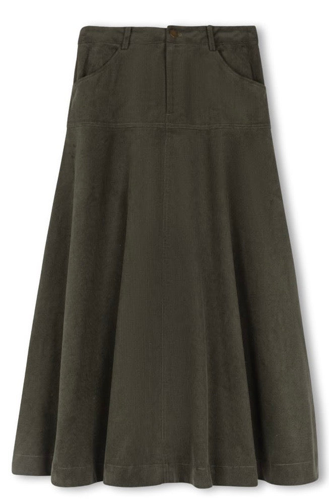 MODELLE CORDUROY FLAIRY SKIRT W FRONT POCKETS-MIDI GREEN
